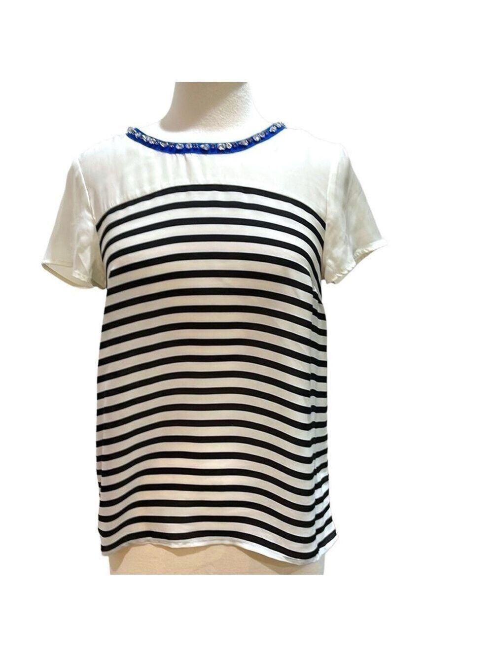 Anthropologie Maeve Cream Black Stripe Top With Rhinestone Neckline SZ S